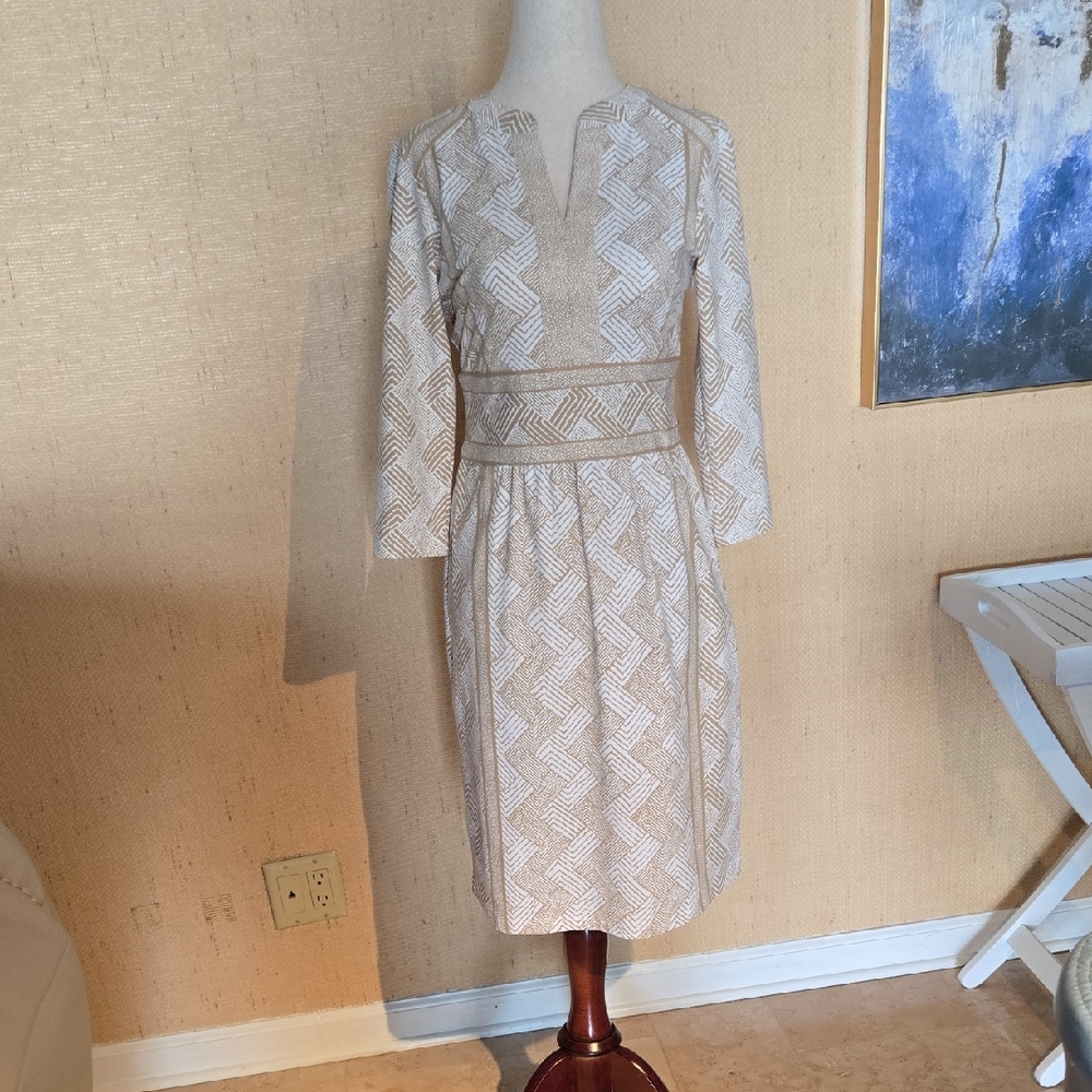 Chic Cream Geometric Long Sleeve Dress